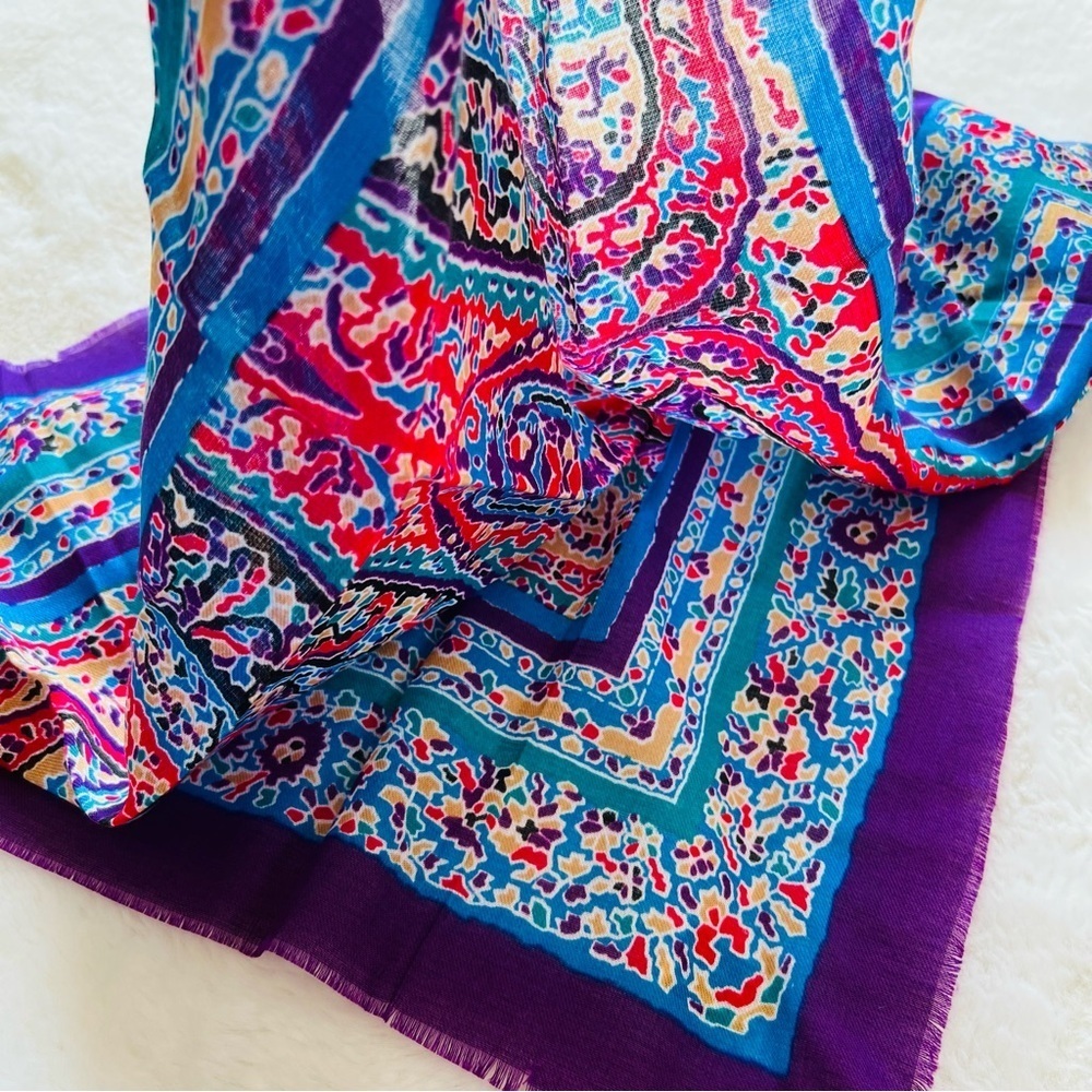 80s Liz Sinclair Boho fringe scarf, large shawl scarf, purple.